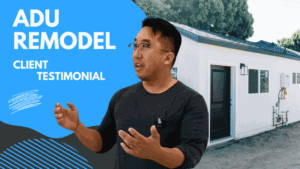 ADU remodel client testimonial video thumbnail featuring man speaking in front of finished accessory dwelling unit by RnD Builders Inc