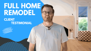 Client testimonial video thumbnail for a full home remodel featuring a smiling man by RnD Builders Inc