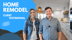 Home remodel client testimonial thumbnail with couple standing in remodeled white kitchen by RnD Builders Inc