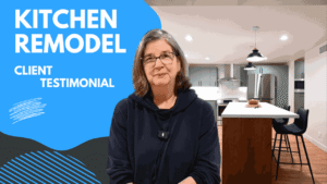 Kitchen remodel client testimonial video thumbnail featuring a woman and renovated kitchen by RnD Builders Inc