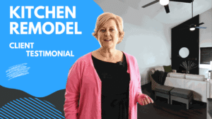 Client testimonial video thumbnail for a kitchen remodel featuring a woman speaking by RnD Builders Inc
