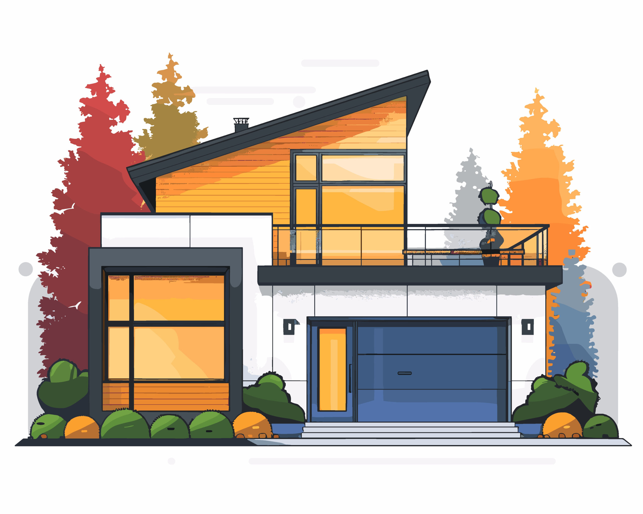 Modern house with garage, front view. Vector illustration in flat style