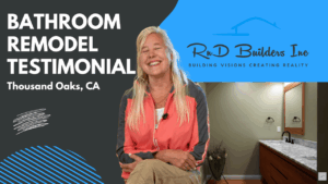 Bathroom remodel testimonial graphic featuring a smiling client and renovated bathroom vanity by RnD Builders Inc
