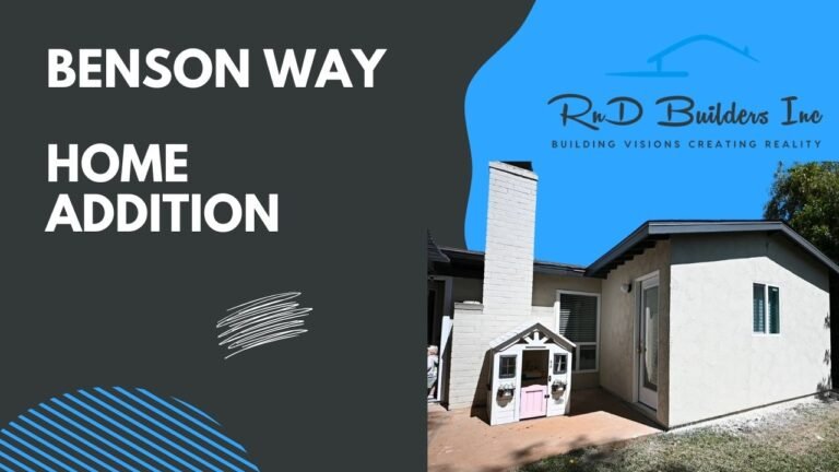 Promotional graphic showing stucco home addition with painted brick chimney and patio by RnD Builders Inc