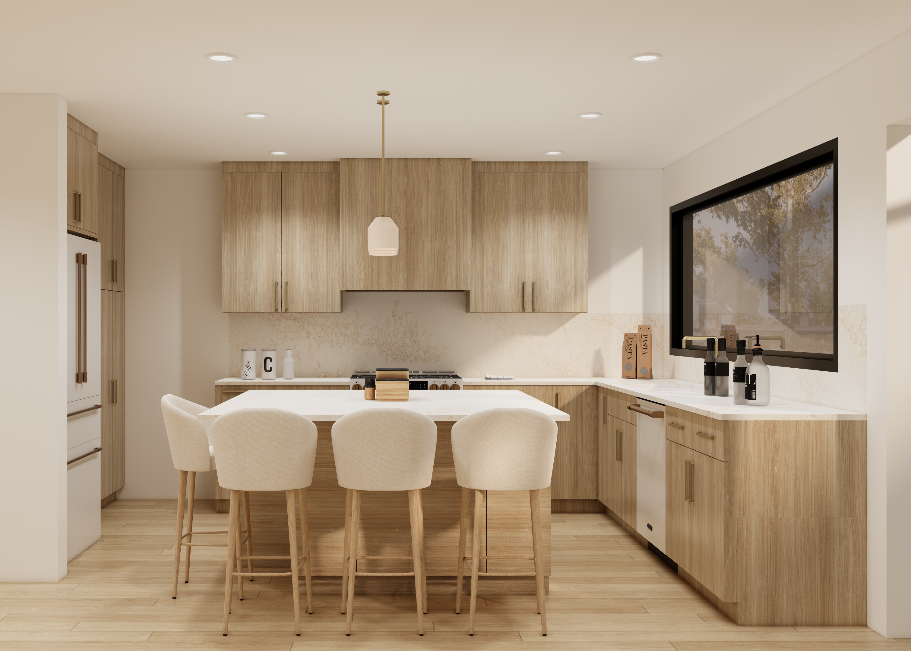 A modern kitchen featuring a stylish dining table, creating an elegant and functional space.