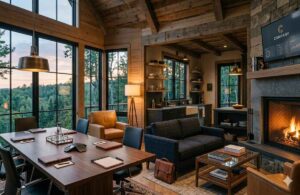 Rustic Cabin Interior with Exposed Timber Beams Modern Cabin Interior Design: Expert Services
