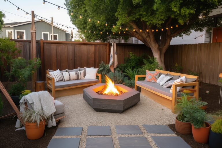 Backyard Patio with Hexagonal Fire Pit Backyard patio with hexagonal fire pit, teak outdoor sofas, string lights, and slate stepping stones by RnD Builders Inc