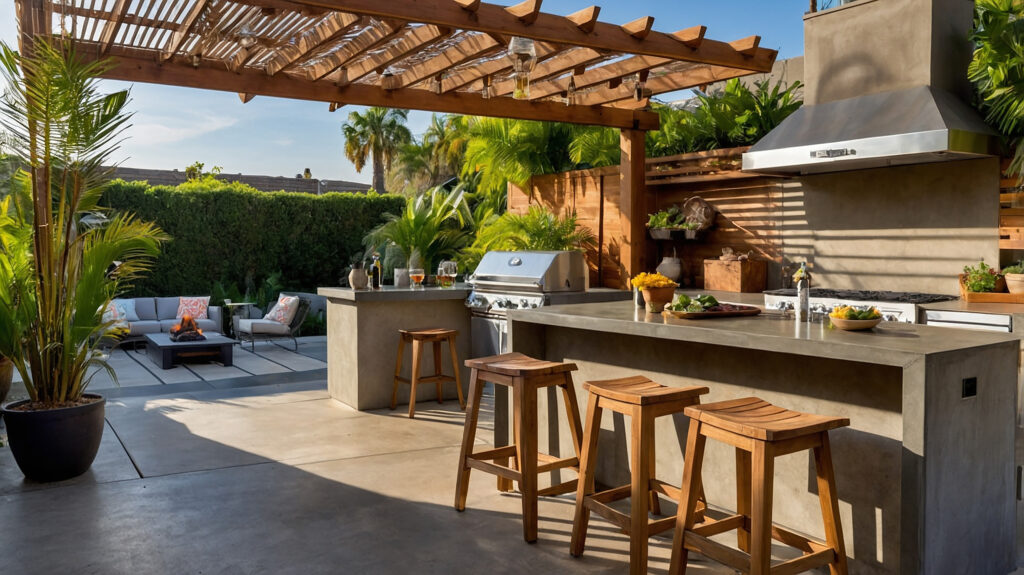 Residential Interior Design Outdoor kitchen with concrete countertops, stainless grill, wood pergola, and teak bar stools by RnD Builders Inc