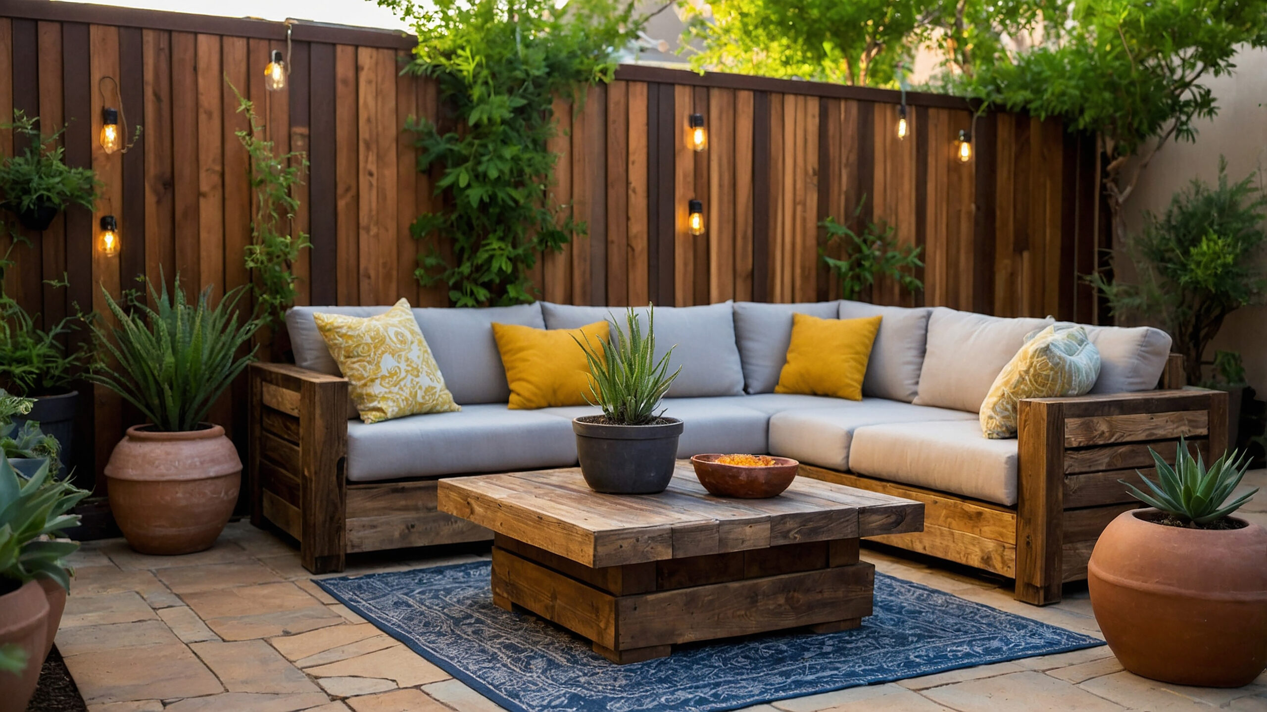 Sustainable and eco-friendly interior design Backyard patio with reclaimed wood sectional sofa, stone pavers, and string lights by RnD Builders Inc