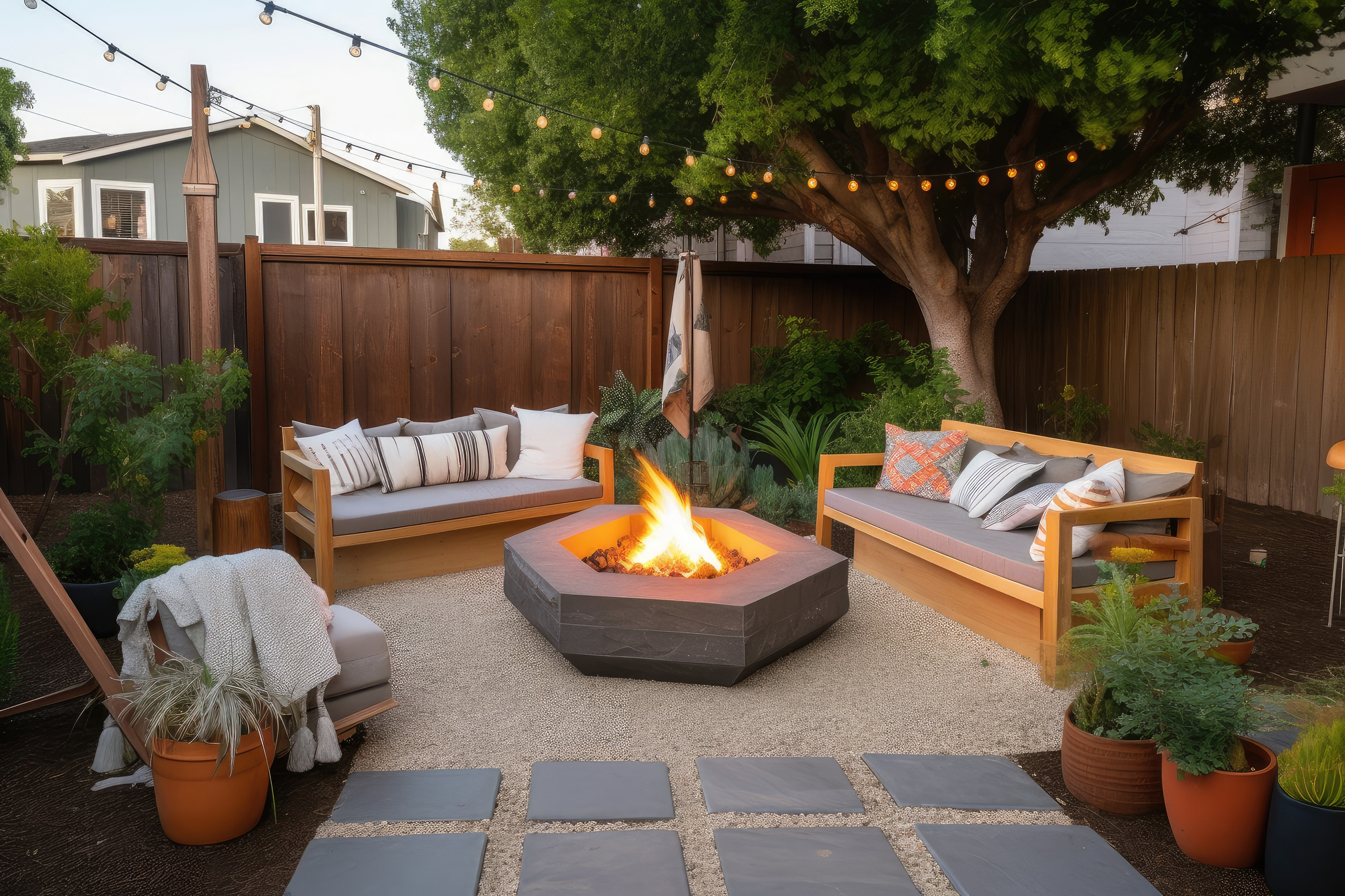outdoor patio with cozy lounging area, fire pit and potted plants for summer evening