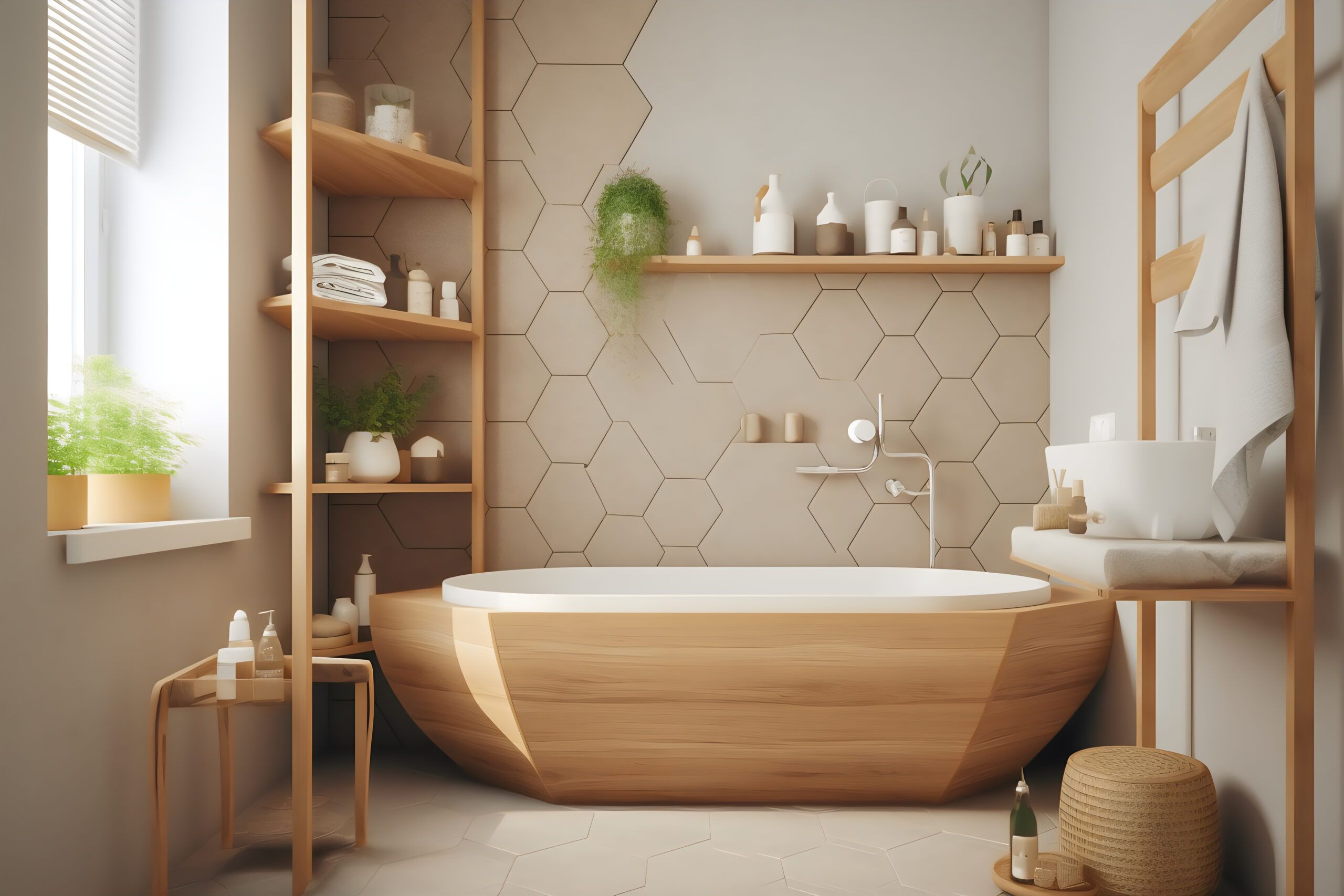 Bathroom interior with bathtub and shelves. 3d rendering – RnD Builders
