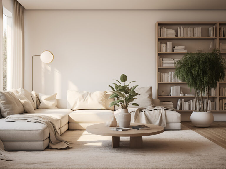 Bright Minimalist Living Room with Cream Sectional Sofa Bright minimalist living room with cream sectional sofa, round wood coffee table, and built-in oak bookshelf by RnD Builders Inc
