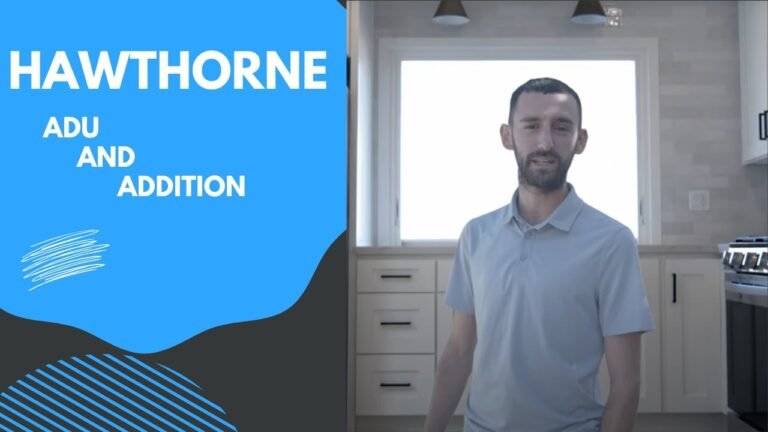 Video thumbnail graphic showing a man standing in a light wood kitchen for a Hawthorne ADU and Addition project by RnD Builders Inc