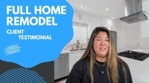 Client testimonial video thumbnail featuring remodeled white kitchen with stainless steel range hood by RnD Builders Inc