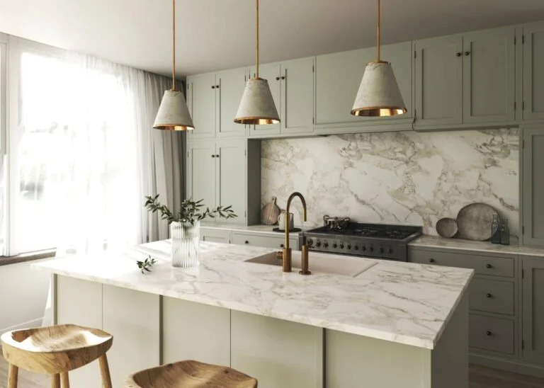 Sage green shaker kitchen with marble countertops, brass fixtures, and concrete pendant lights by RnD Builders Inc