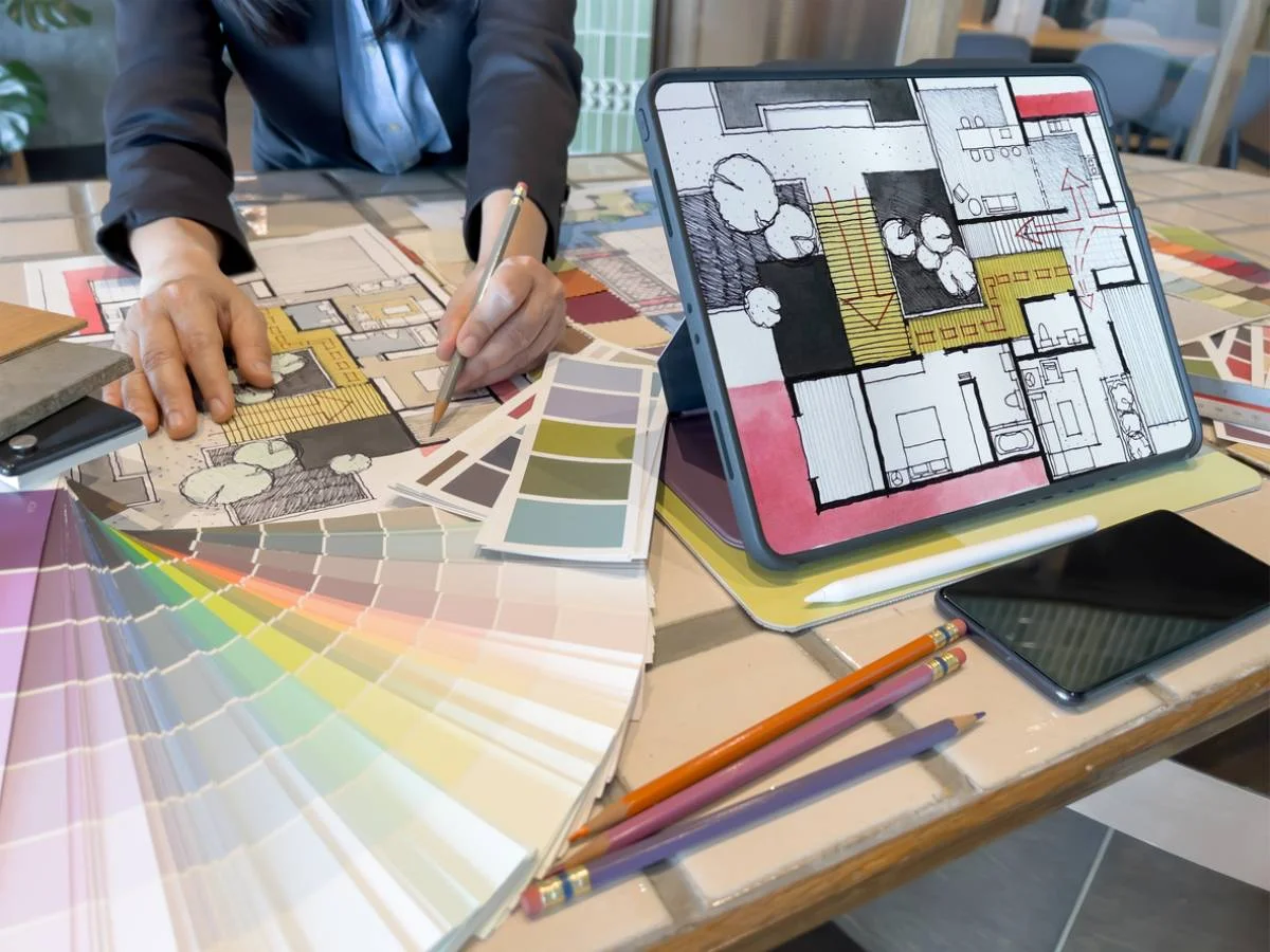 Designer reviewing hand-drawn floor plans with paint swatches and tablet displaying digital layout by RnD Builders Inc