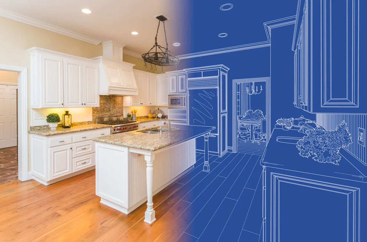 Split composite image showing white kitchen remodel photo blending into blueprint drawing by RnD Builders Inc