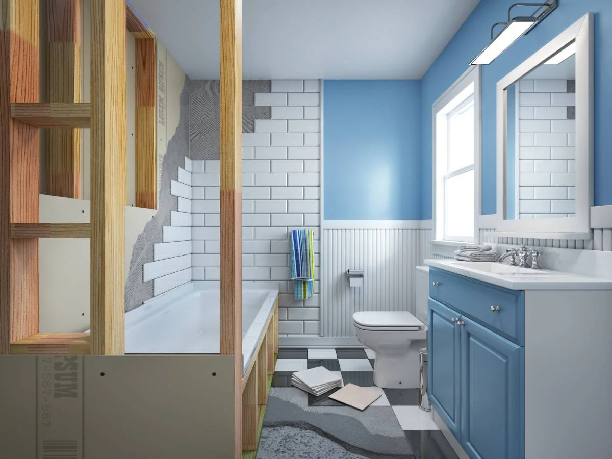 Split before-and-after bathroom remodel showing framing and completed blue vanity with subway tile by RnD Builders Inc
