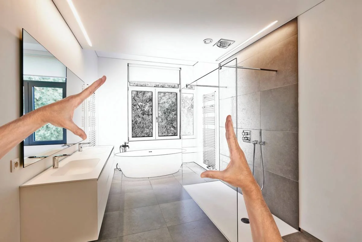 Bathroom remodel concept blending architectural sketch with finished modern bathroom design by RnD Builders Inc