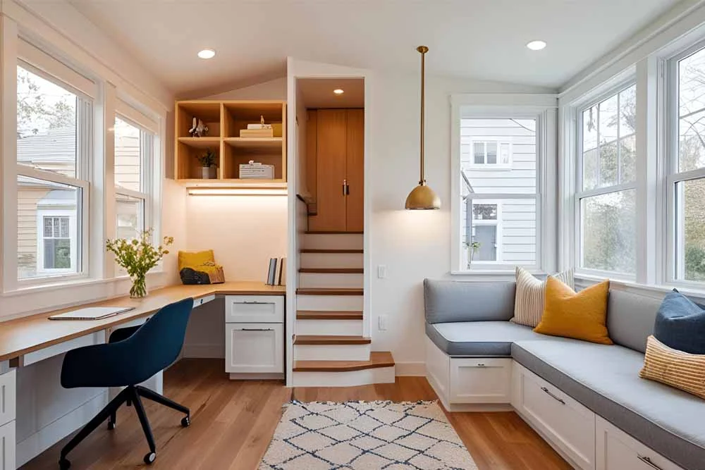 Built-in home office nook with window seat, staircase, and open shelving by RnD Builders Inc