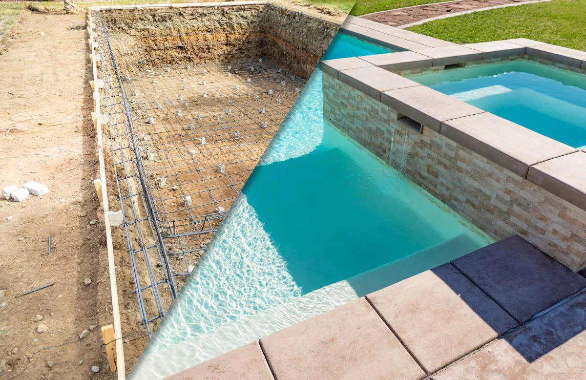 Before and after composite showing inground pool construction with rebar and finished turquoise pool by RnD Builders Inc