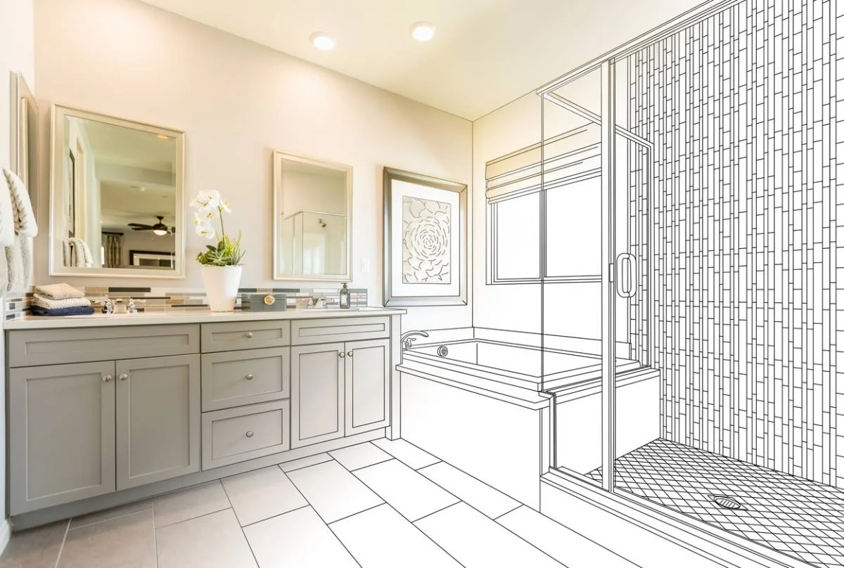 Master bathroom remodel concept blending photo and blueprint drawing with gray shaker vanity by RnD Builders Inc