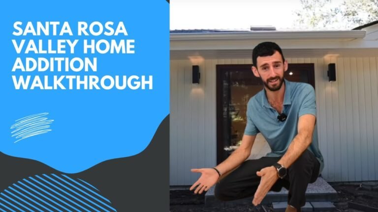 Video thumbnail graphic showing a man crouching in front of a white board-and-batten home addition exterior by RnD Builders Inc