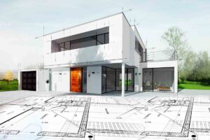 Modern Two-story White Stucco Home Rendering Overlaid What Are the Core Principles of Exterior Design?