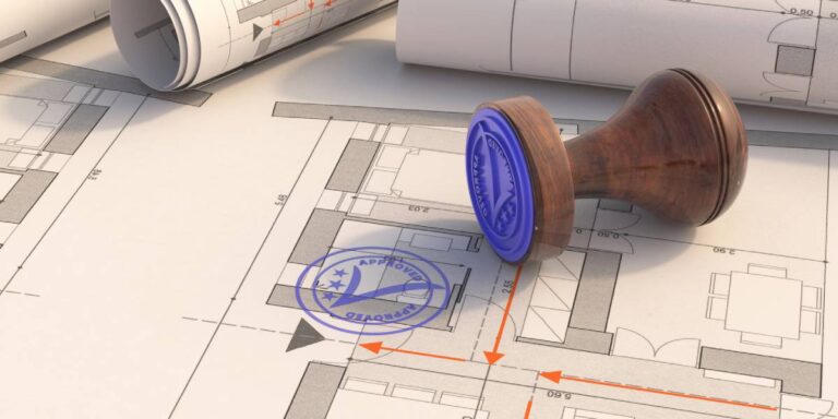 Architectural drawings and a stamp overlaying a detailed blueprint, showcasing design elements and official approval.