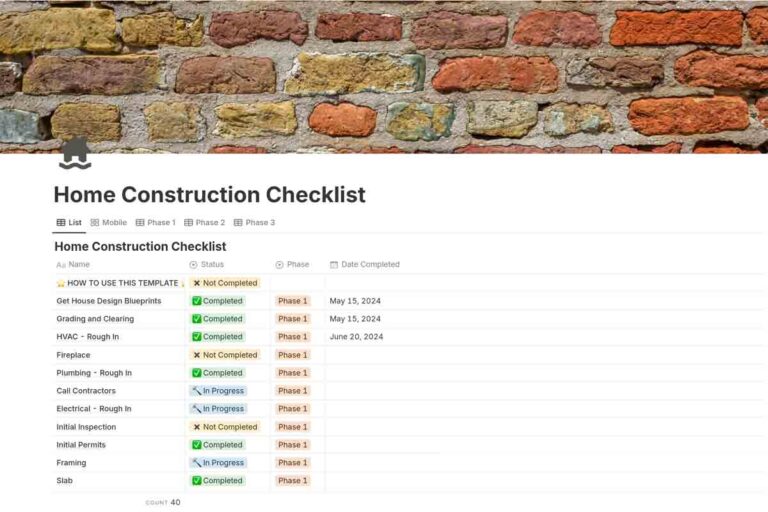 home construction checklist with plans and progress tracking
