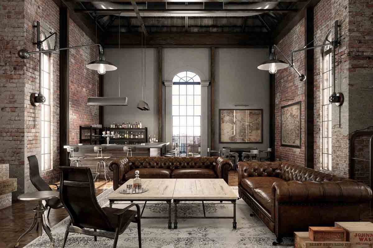 ndustrial interior design with exposed brick and modern lighting
