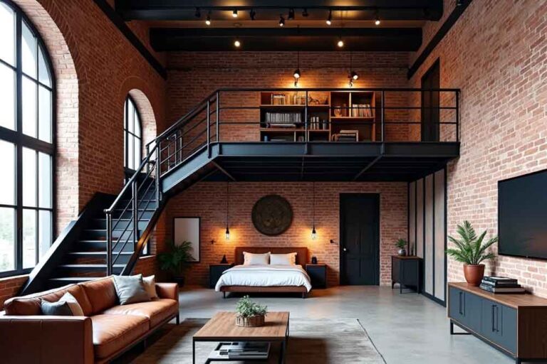 Industrial loft interior with exposed brick walls, mezzanine level, and black steel staircase by RnD Builders Inc