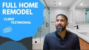 Video thumbnail graphic showing a man in a remodeled bathroom with glass shower enclosure by RnD Builders Inc