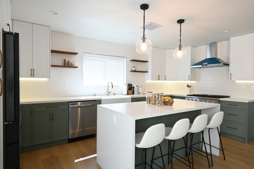 Two-tone Kitchen with Sage Green Lower Cabinets Home remodeling contractor in Chatsworth: west hills full home remodel by RnD Builders