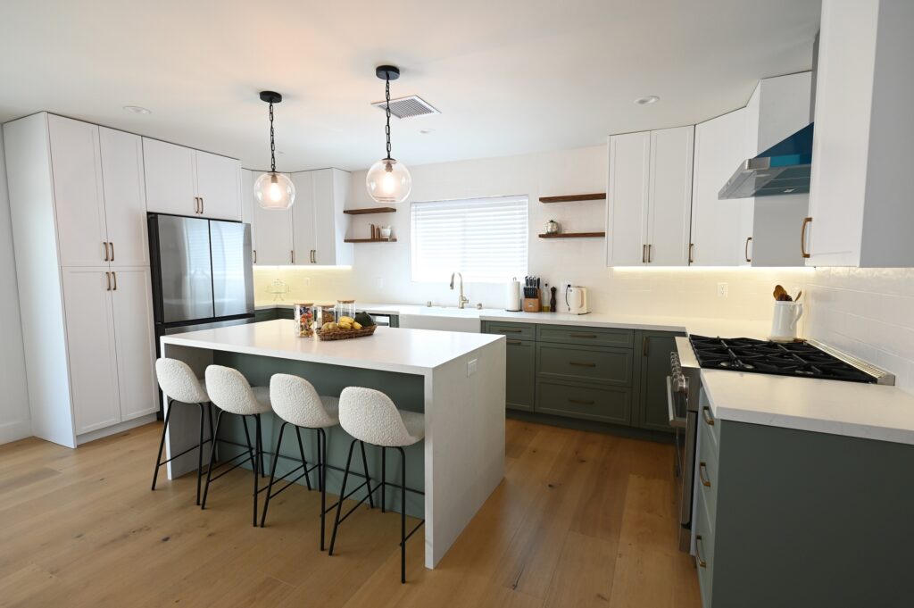 Two-tone Kitchen with Sage Green Lower Cabinets Home remodeling contractor in West Hills: west hills full home remodel by RnD Builders
