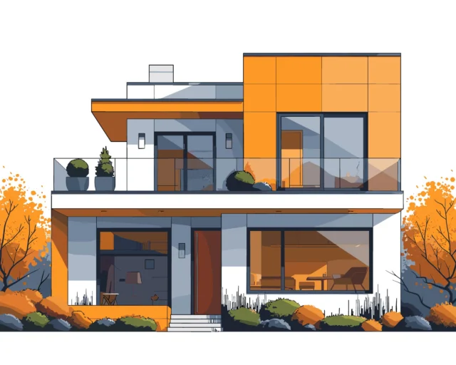 A substantial house with a driveway and landscaped surroundings, illustrating a picturesque and inviting home environment. Interior design rendering by RnD Builders