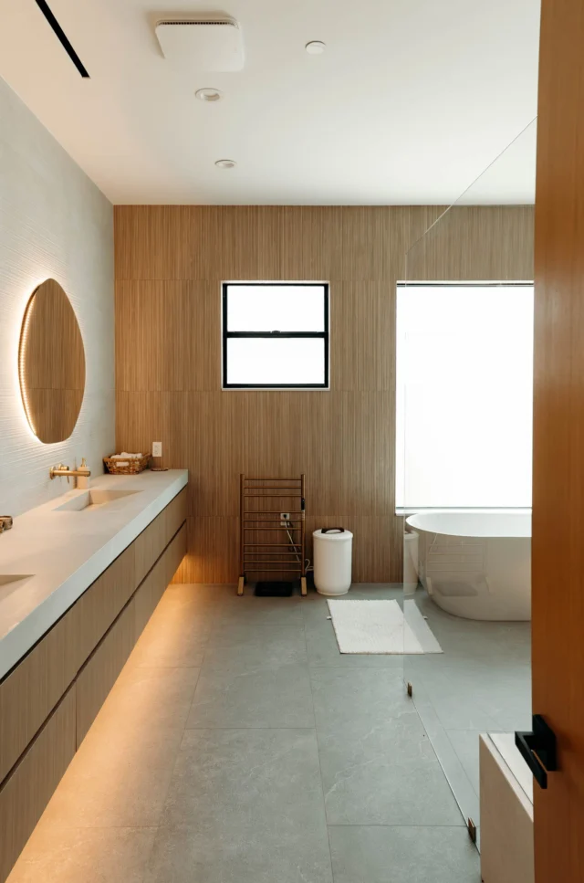 Modern Primary Bathroom with Floating Wood Vanity in Woodland Hills