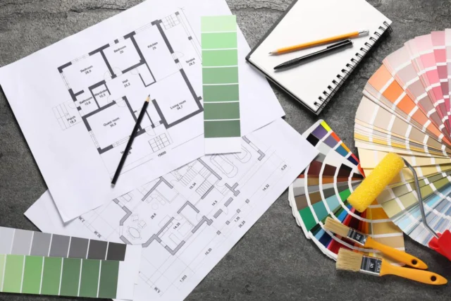 Residential Floor Plans Residential floor plans, paint color swatches, brushes, roller, pencil, and notepad on gray surface by RnD Builders Inc