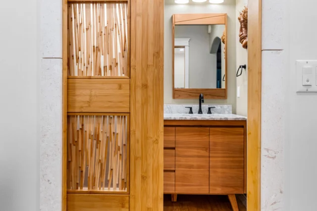 Mid-century Modern Bathroom Vanity with Bamboo Accent Panel