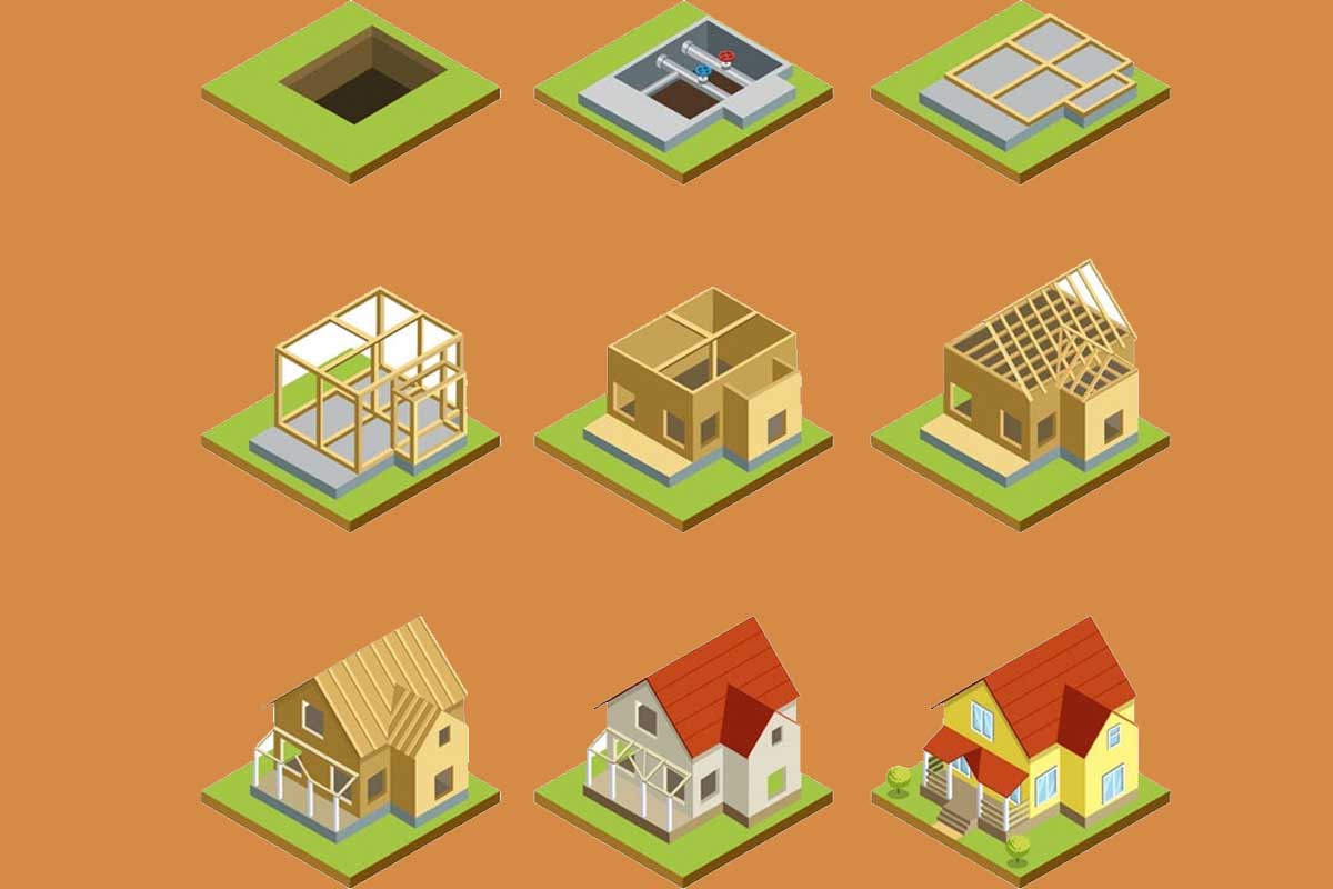 home construction stages with blueprint and building framework